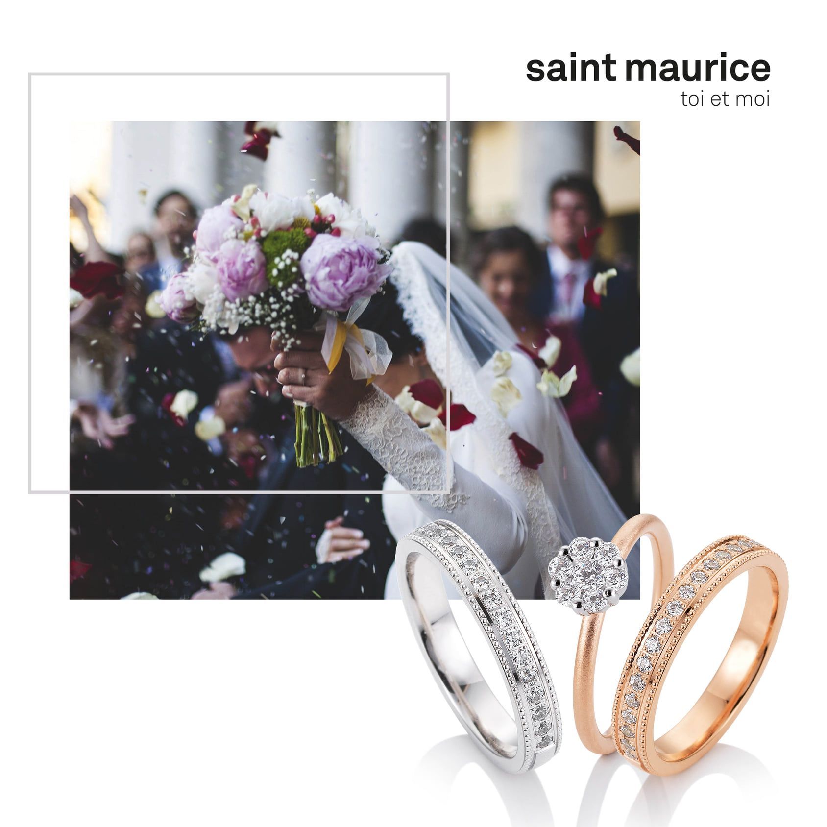 Trouwfoto met bruid die boeket vasthoudt, ringen op de voorgrond en het logo van Sint-Mauritius.