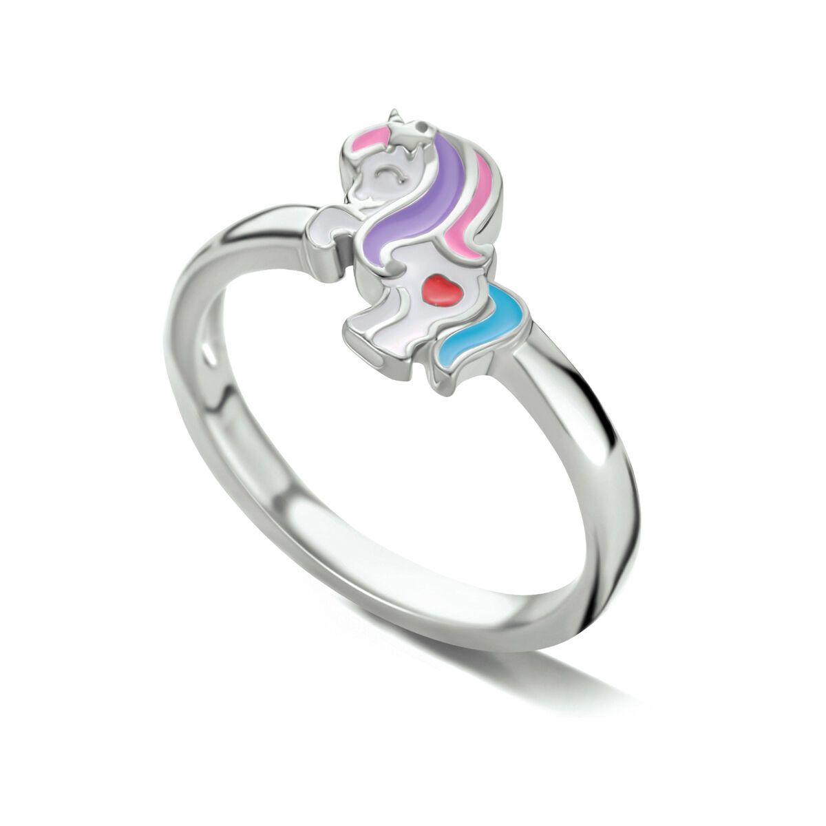 Zilveren eenhoornring met paarse, roze, blauwe en rode emaille details.