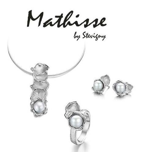 Sieradenset: zilveren ketting, oorbellen, ring met witte parels, op een witte achtergrond. Logo