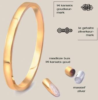 Gouden armband met markeringen en stukjes goud en zilver.