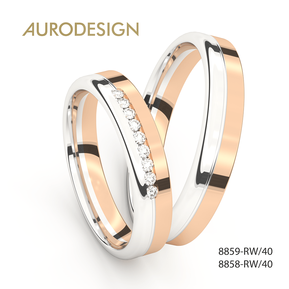 Tweekleurige trouwringen: zilver aan de buitenkant, roségoud aan de binnenkant. Eén ring heeft diamanten.