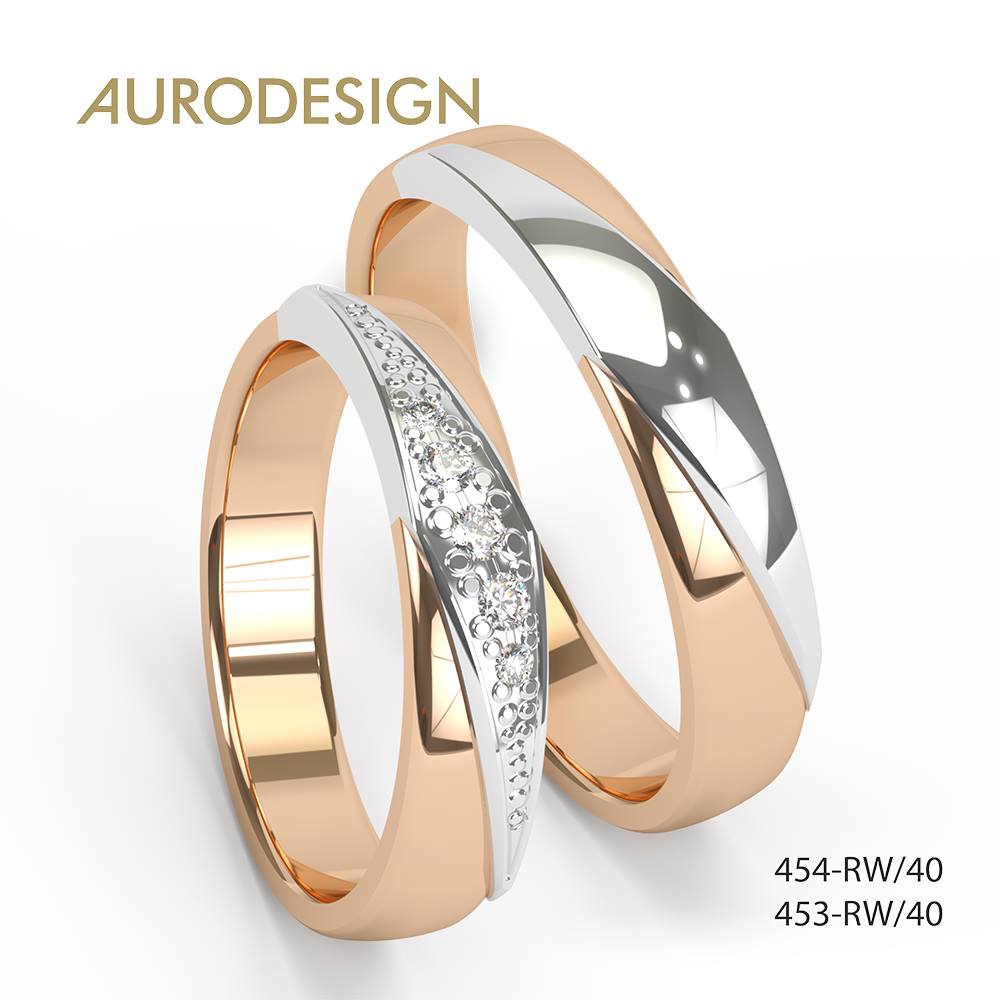 Tweekleurige trouwringen: roségouden banden met diagonale accenten van witgoud; één met diamanten.