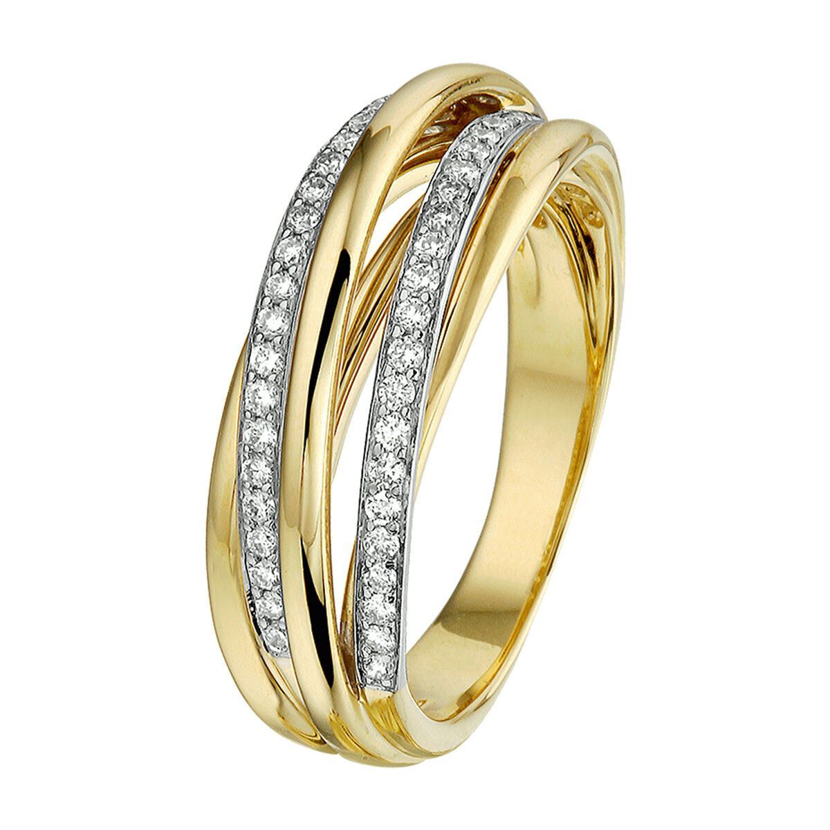 Gouden ring met in elkaar verweven banden, waarvan er één is bezet met kleine witte edelstenen.