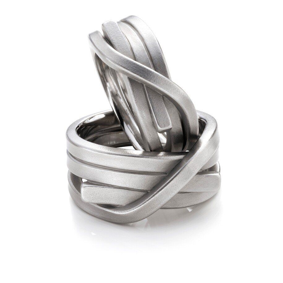 Twee in elkaar verweven, matte zilveren ringen met een geweven design, geïsoleerd op wit.