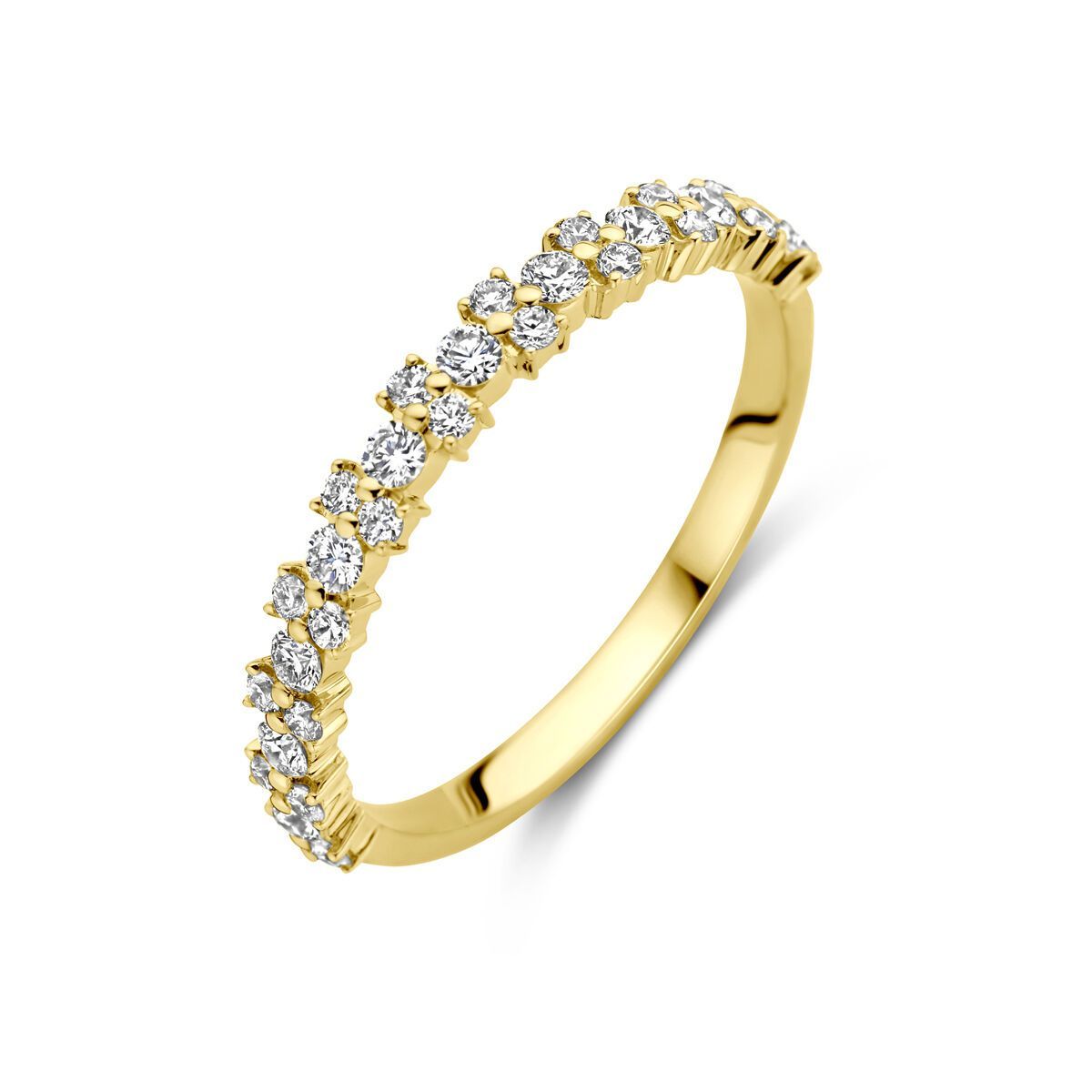 Gouden ring met een rij kleine, fonkelende diamanten.