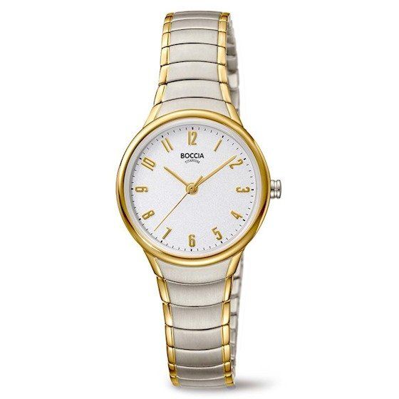 Goud- en zilverkleurig polshorloge met witte wijzerplaat en gouden accenten.
