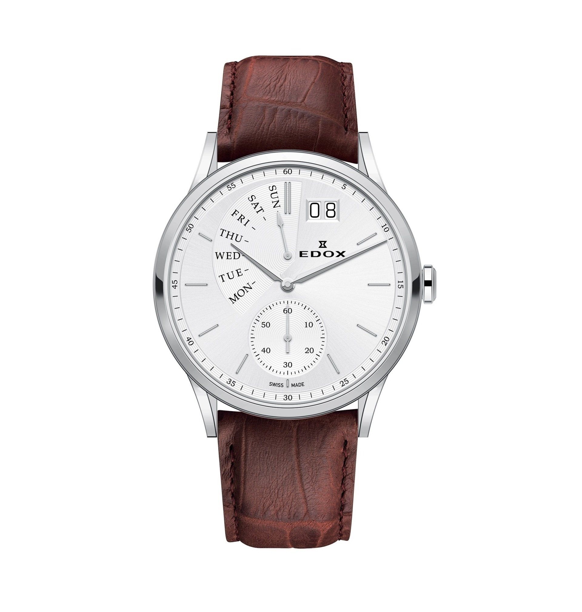 Zilveren horloge met witte wijzerplaat en bruine leren band.