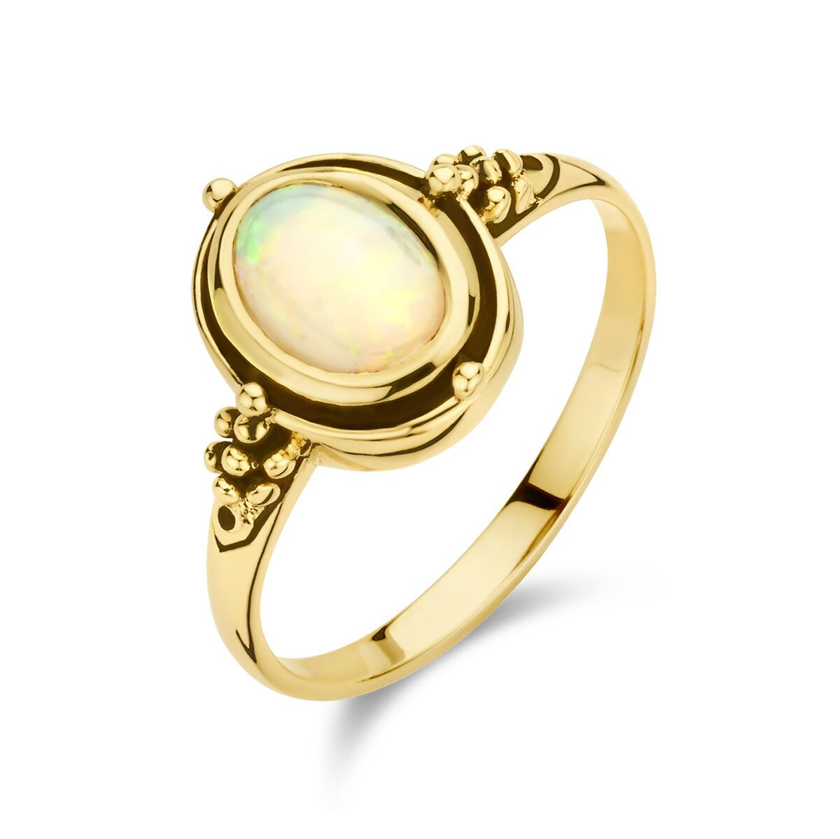 Gouden ring met een ovale opaal edelsteen.