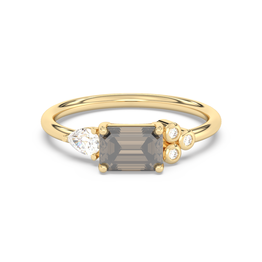 Gouden ring met smaragdgeslepen diamant, rooksteen en accenten van diamant.