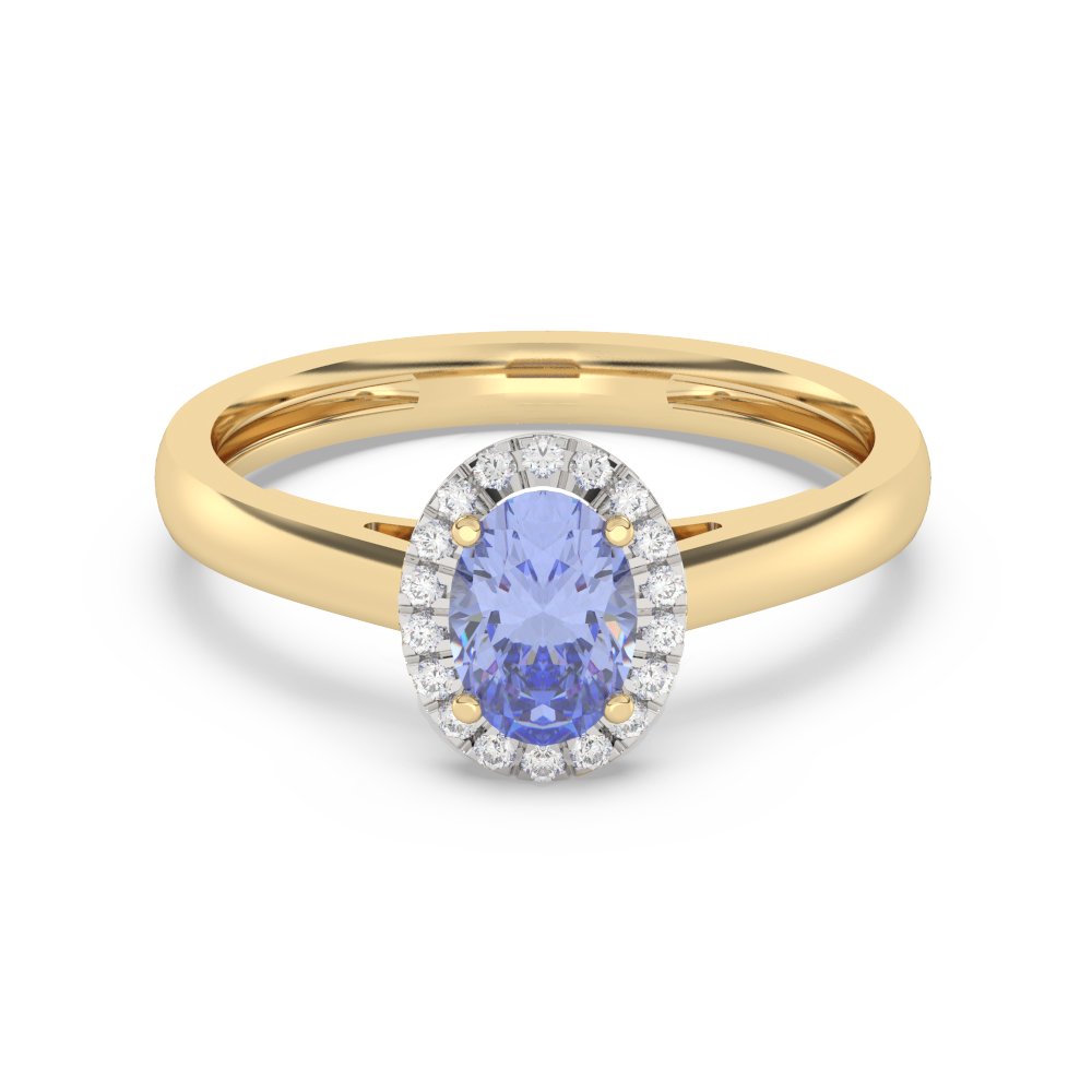Gouden ring met een ovale blauwe edelsteen omringd door witte diamanten.