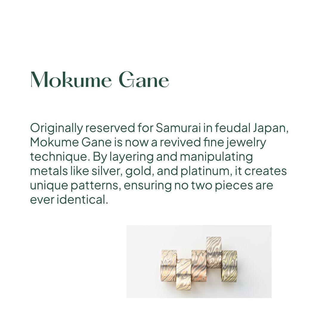 Tekst die de Mokume Gane-sieradentechniek beschrijft, oorspronkelijk voor Samurai. Gelaagde metalen blokken creëren unieke patronen; geen twee zijn hetzelfde.