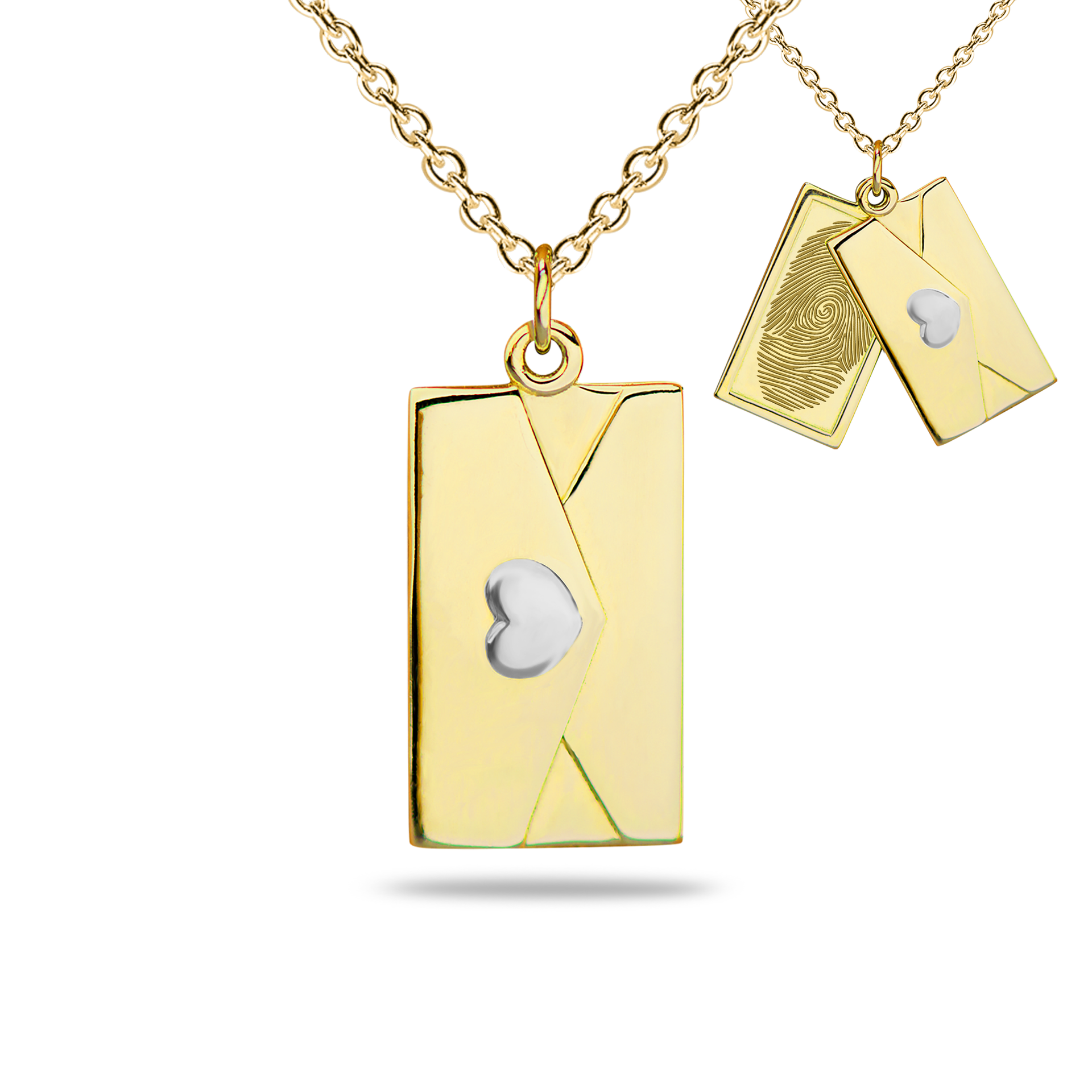 Gouden enveloppe-hangerkettingen met een hartdetail; één toont een vingerafdruk.