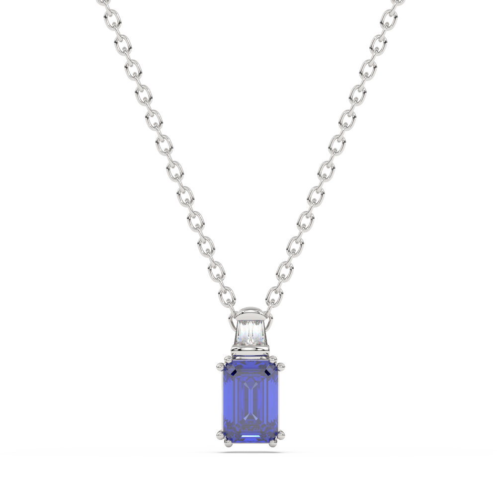 Zilveren ketting met een rechthoekige, blauwe edelsteenhanger.