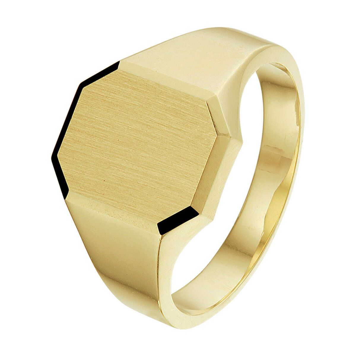 Gouden achthoekige zegelring met een geborstelde afwerking.