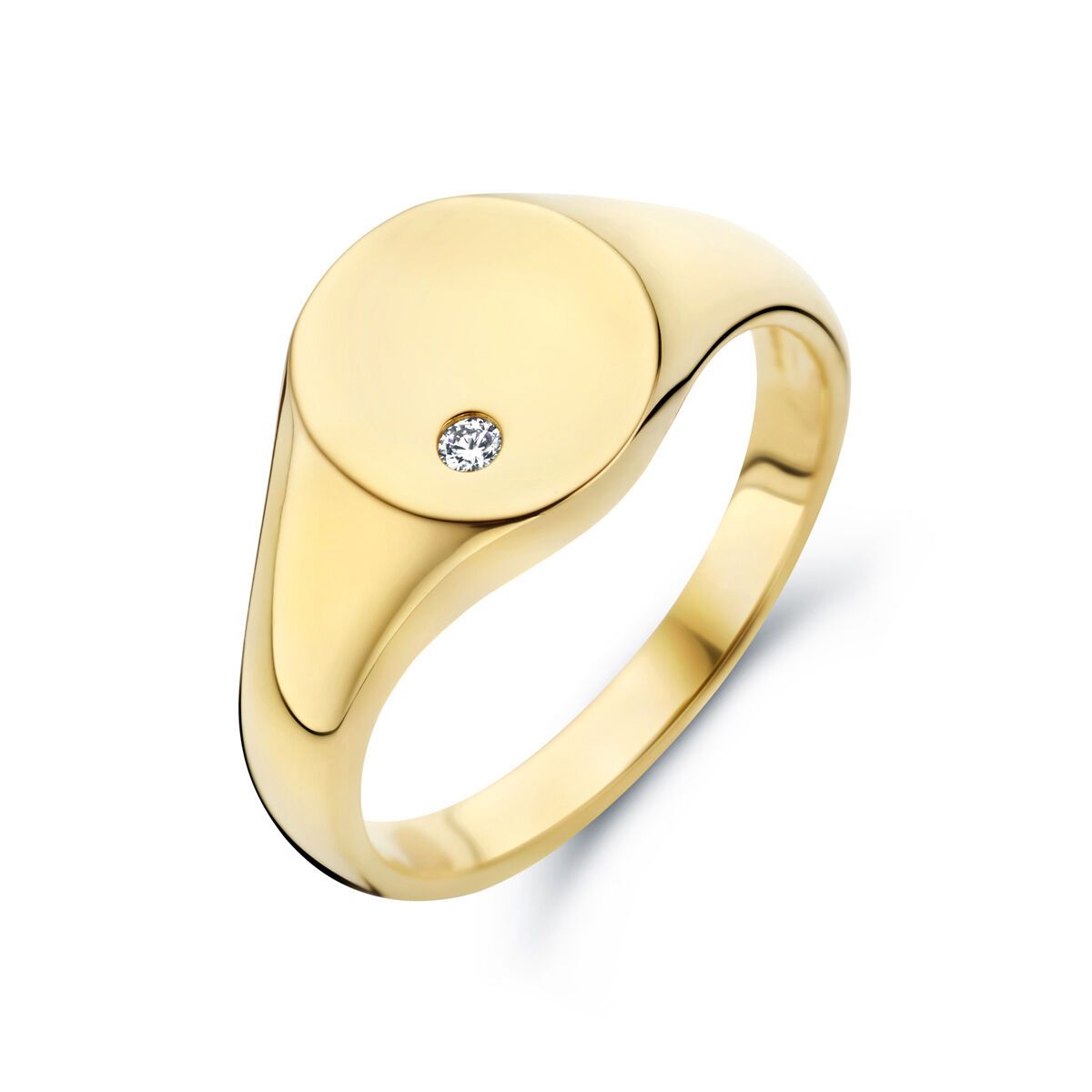 Gouden zegelring met een klein diamantje.