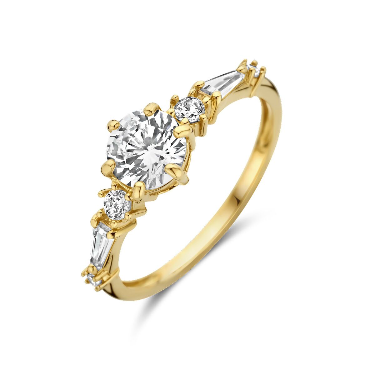 Gouden ring met ronde middensteen en kleinere zijstenen.