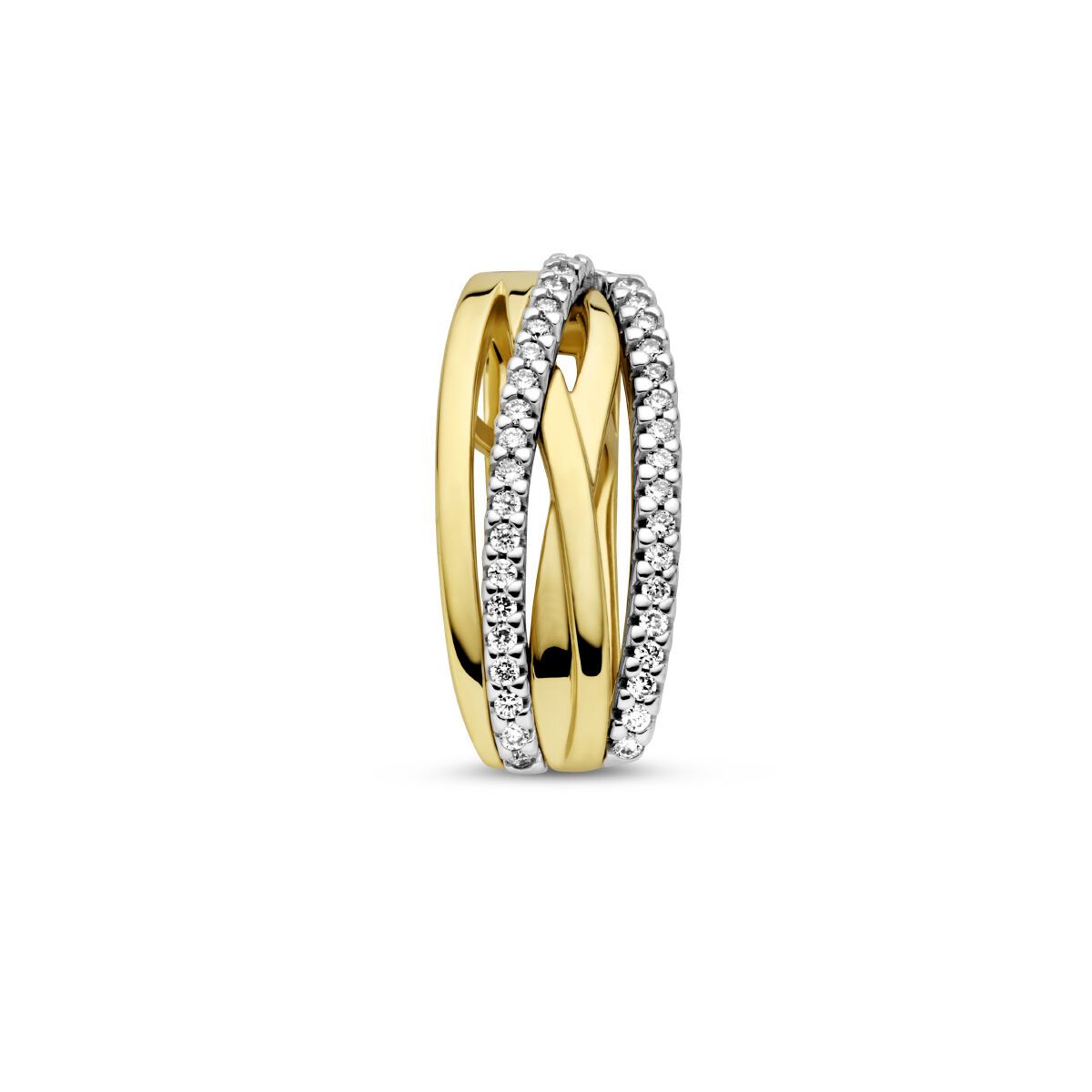 Gouden ring met drie banden: twee effen en één bezet met witte stenen.