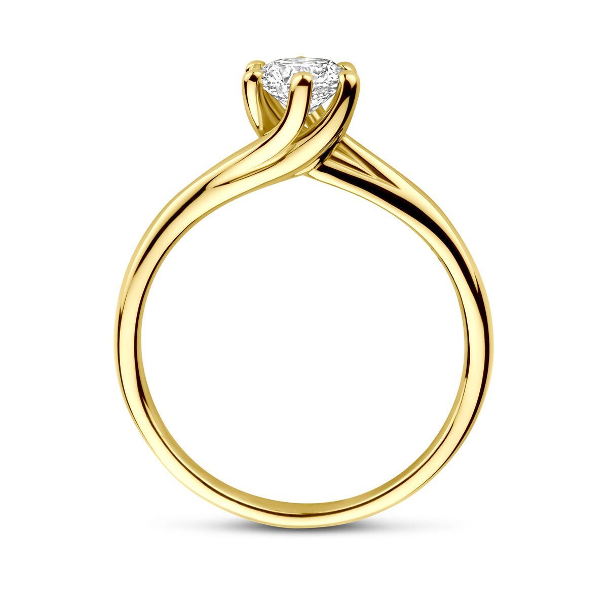 Gouden verlovingsring met een ronde diamant, gezet op een gedraaide band.