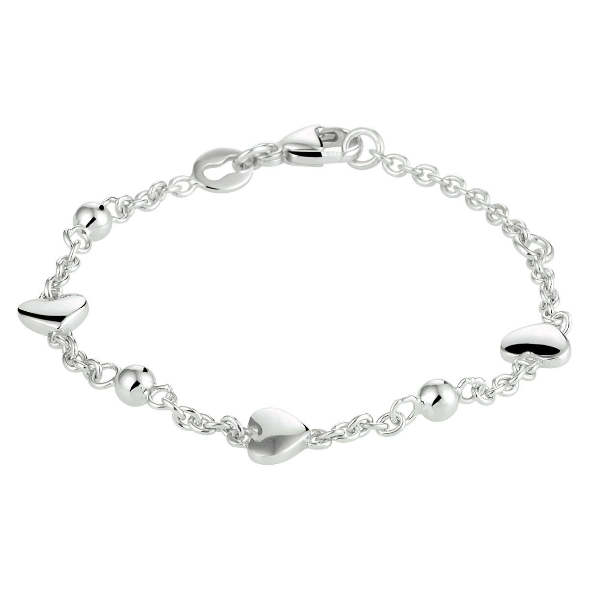 Zilveren armband met hart- en kraalbedels.