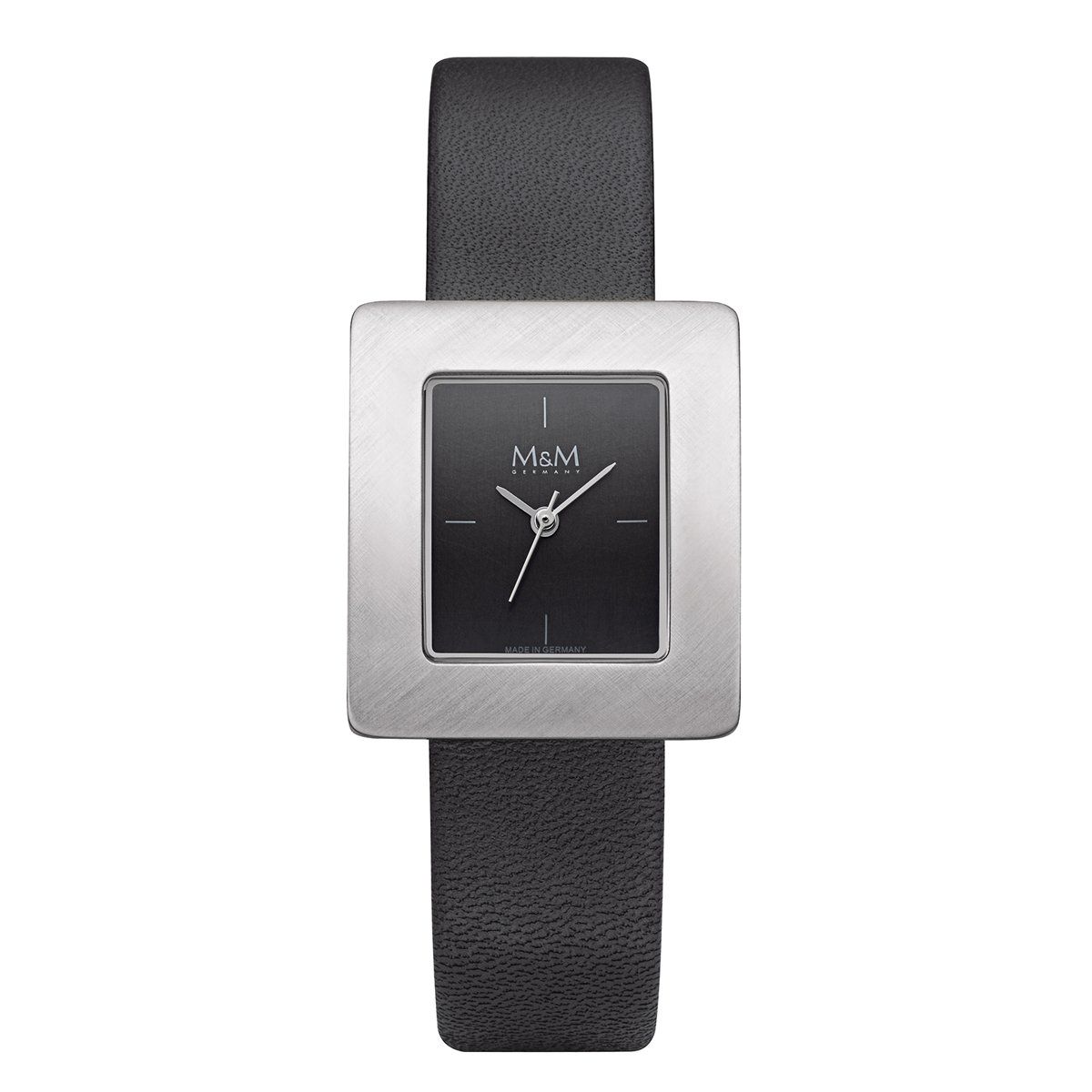 Horloge met zilveren montuur, vierkante wijzerplaat en zwarte wijzerplaat; zwarte leren band.