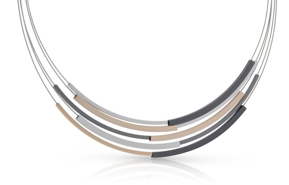 Zilveren ketting met vier gebogen staafjes in grijs, beige en zilver.