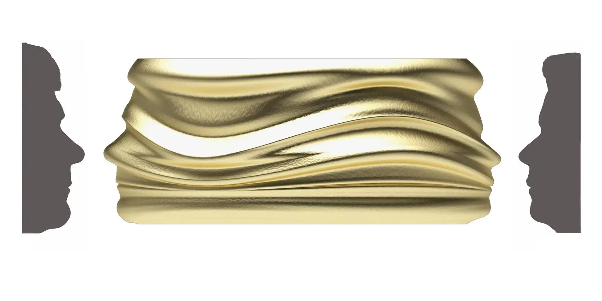Twee grijze silhouetten staan tegenover een gouden, golvende vorm die op meerdere gezichten lijkt.