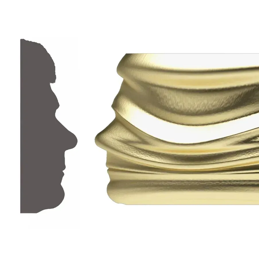 Silhouet en gouden sculptuur van tegenover elkaar staande profielen.