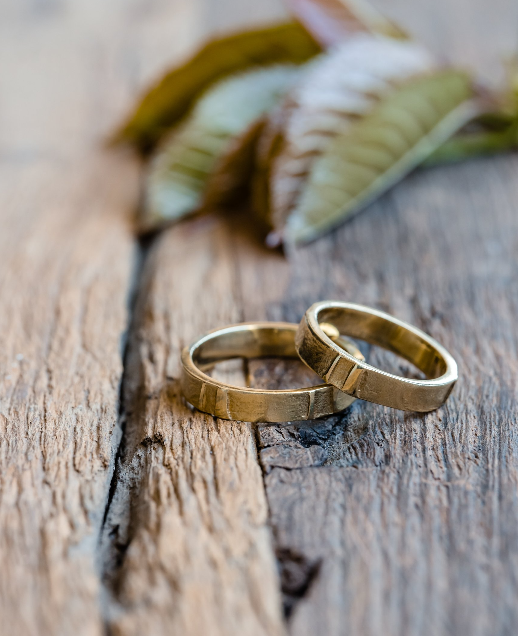 Twee gouden trouwringen op een rustiek houten oppervlak, met onscherpe bladeren op de achtergrond.