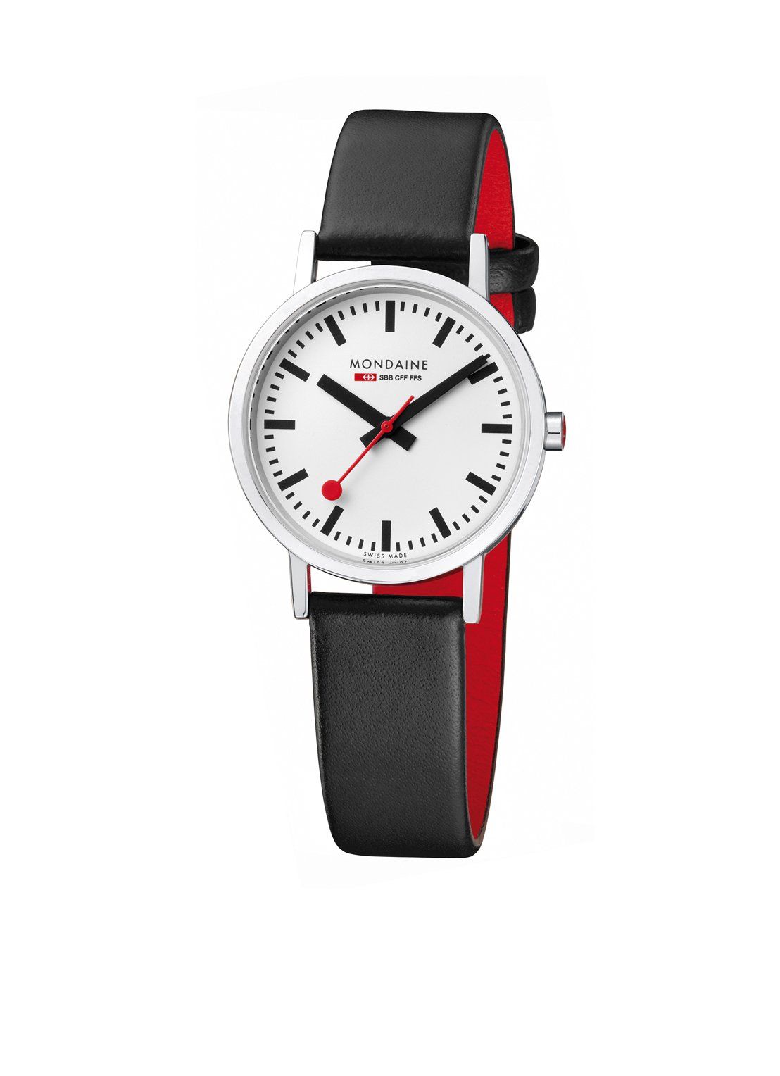 Horloge met zilveren kast, witte wijzerplaat, zwarte leren band en rode secondewijzer.