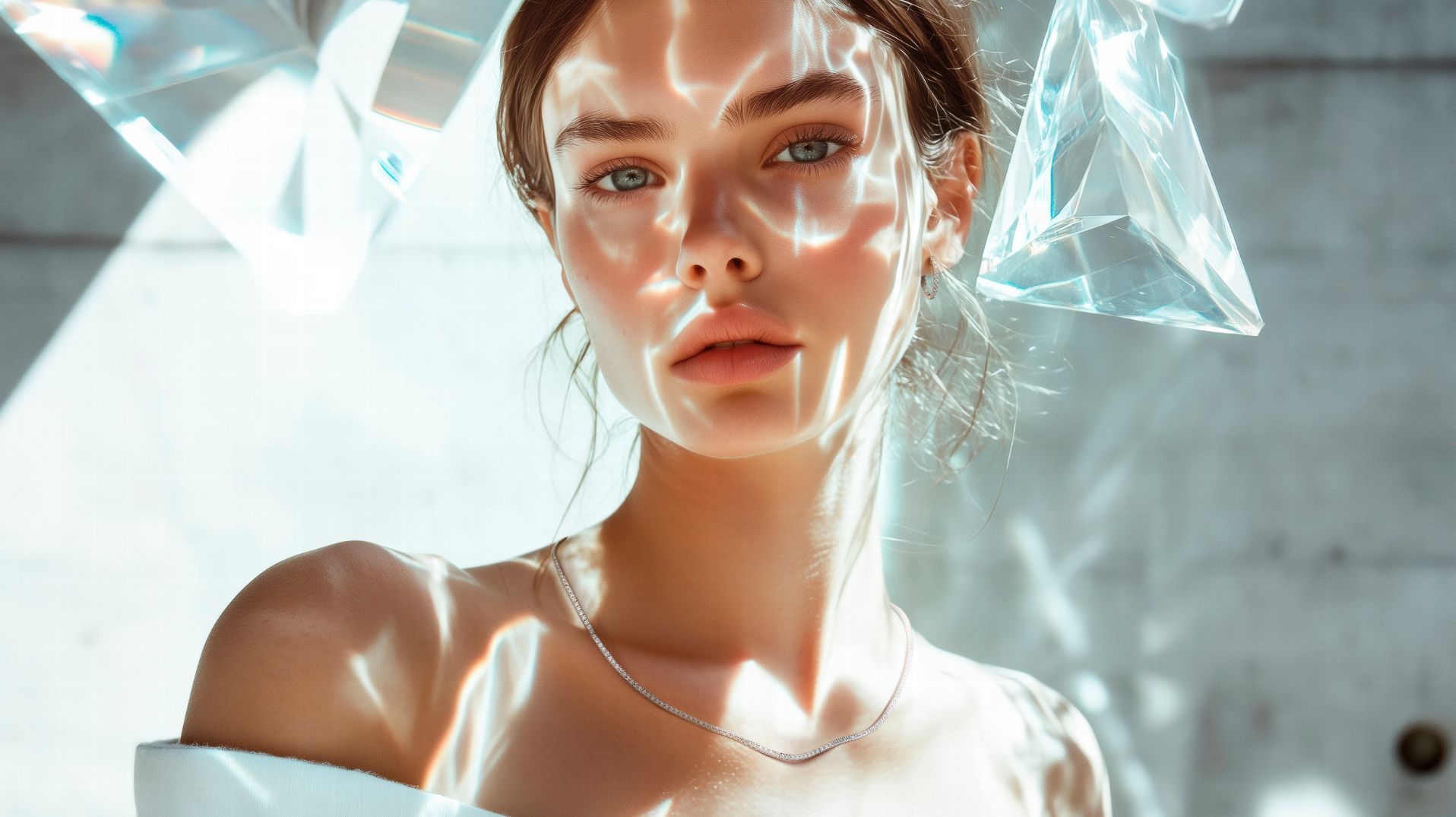 Vrouw met zonlichtpatronen op haar gezicht, draagt ​​een delicate ketting. Heldere achtergrond met zwevende geometrische vormen.