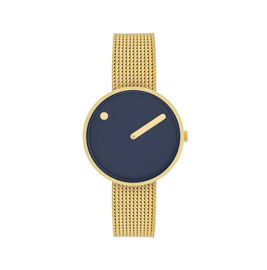 Gouden polshorloge met een marineblauwe wijzerplaat en gouden mesh-band.