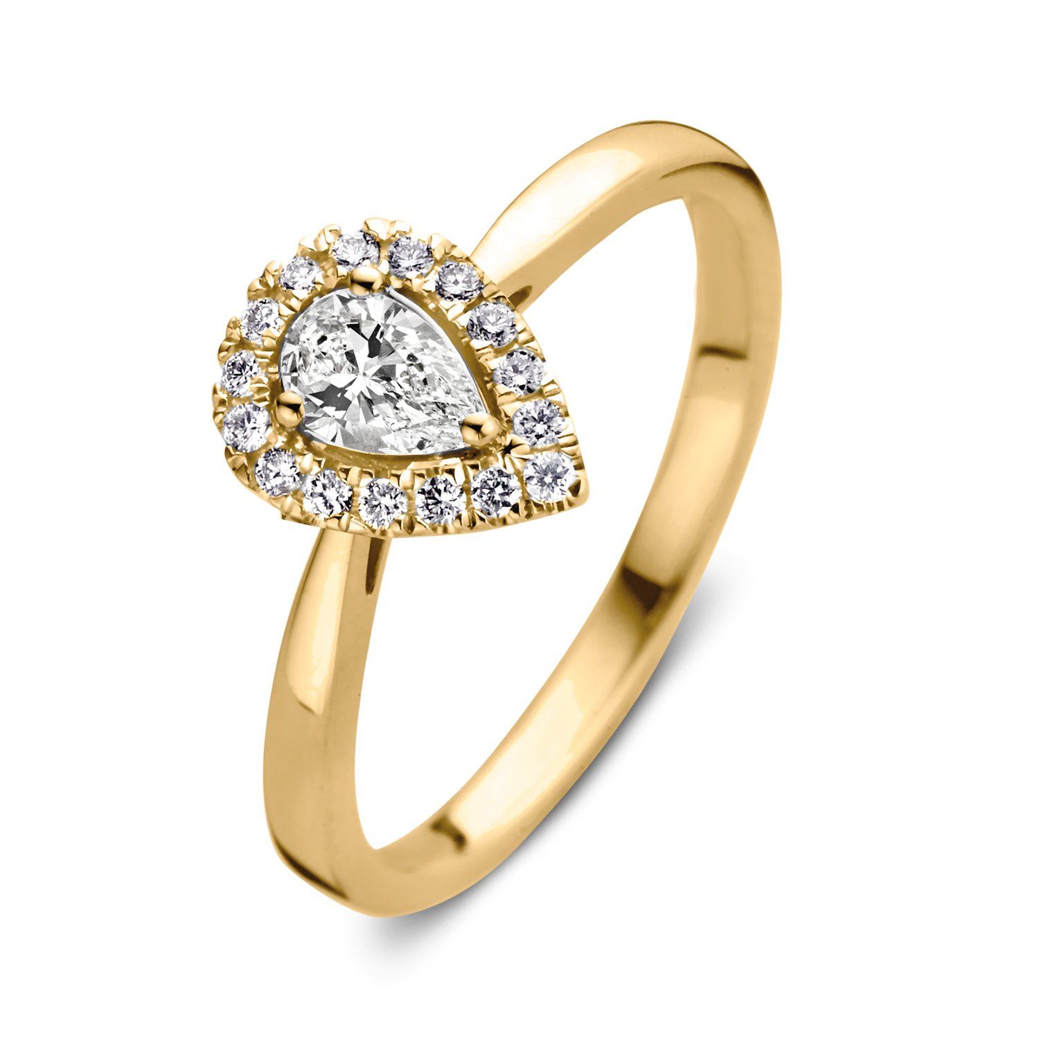 Gouden verlovingsring met een peervormige diamant in het midden, omringd door een halo van kleinere diamanten.