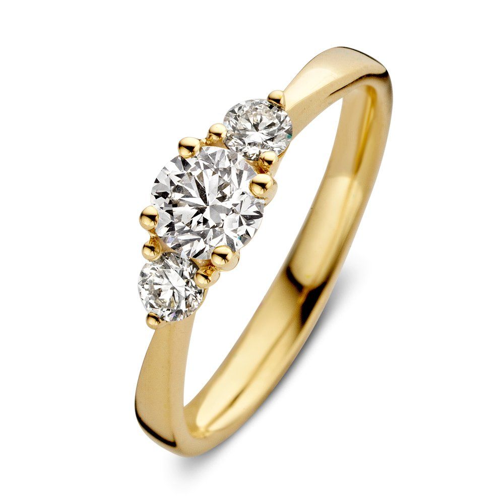 Gouden ring met drie heldere edelstenen.