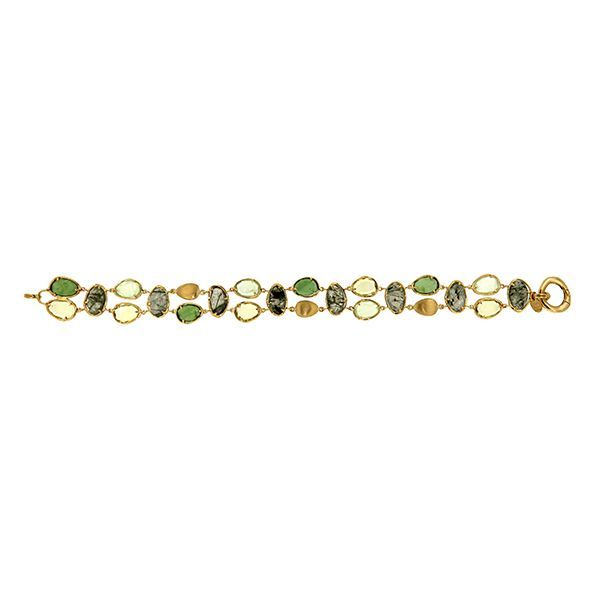 Gouden armband met ovale, veelkleurige edelstenen in twee rijen.