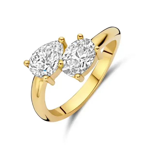 Gouden ring met een cirkel van diamanten en een kralenband.