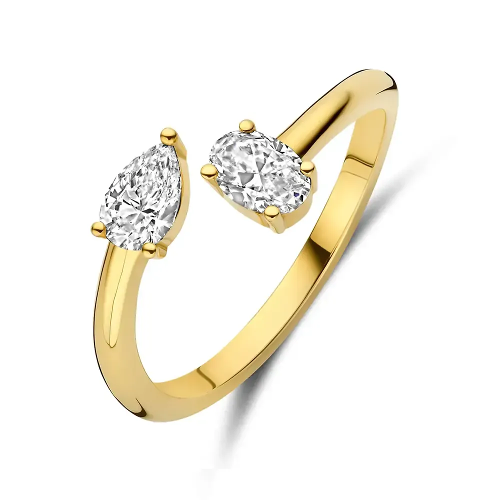 Gouden verlovingsring met een ronde, heldere diamant.