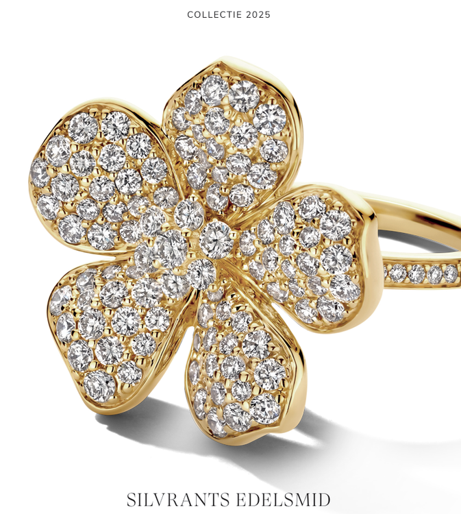 Gouden bloemenring met diamanten accenten; signatuur