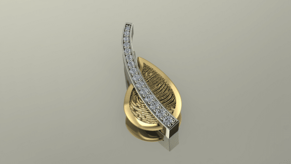 Hanger van diamant en goud met een gebogen, bladvormig ontwerp, geplaatst op een reflecterend oppervlak.