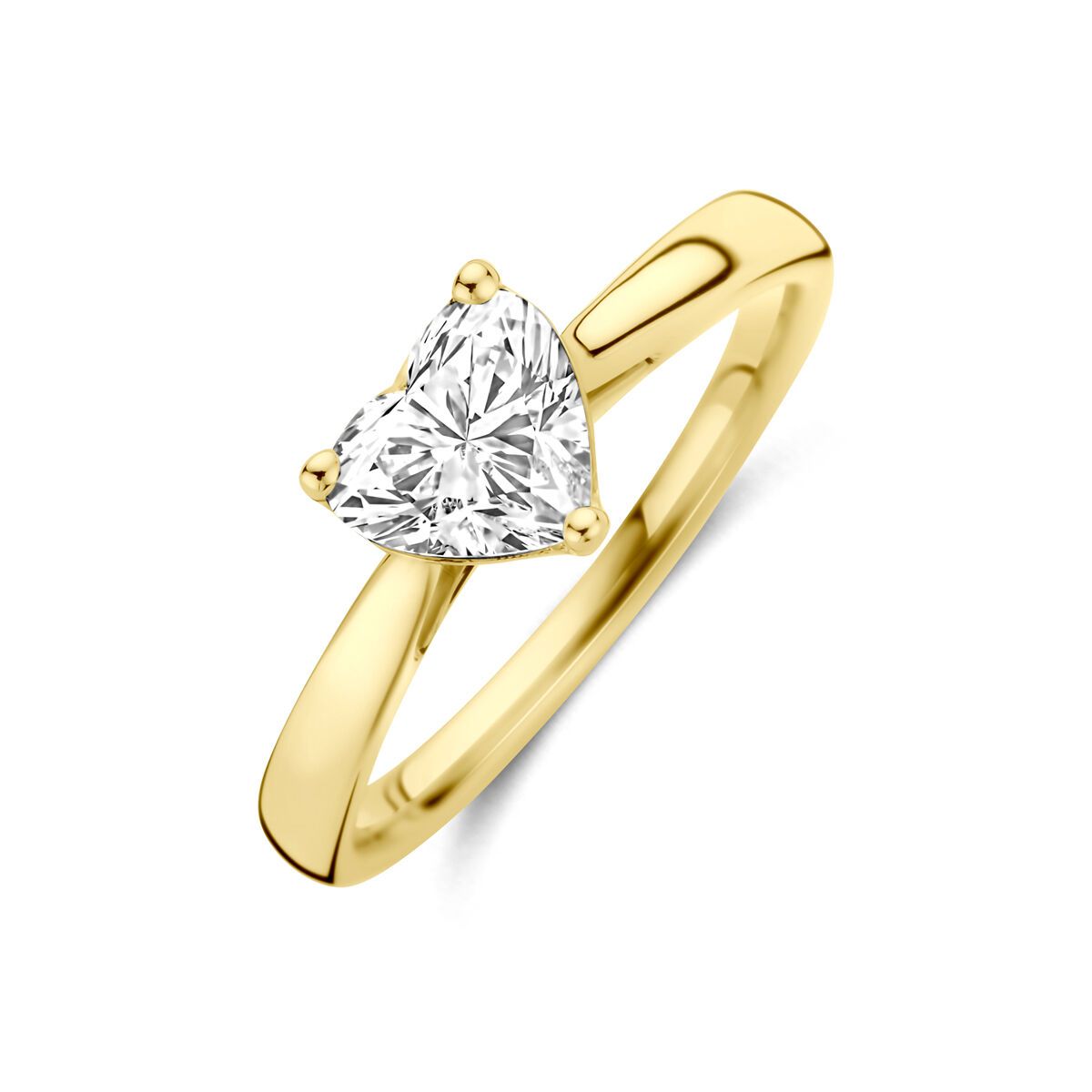Gouden ring met een hartvormige diamant op een diagonale band.
