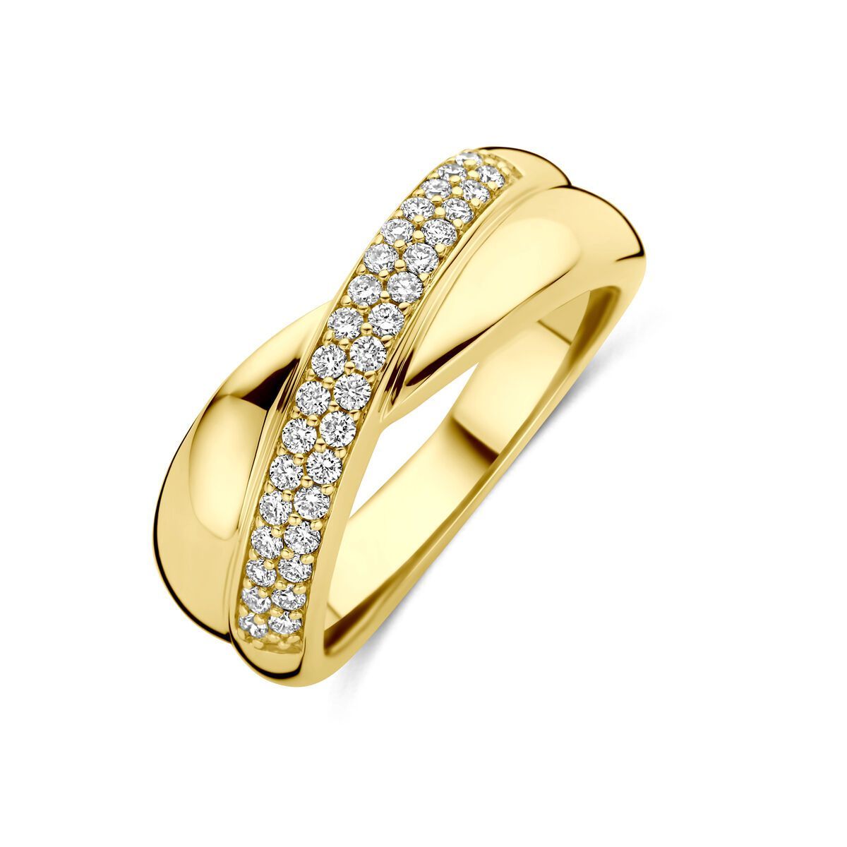 Gouden ring met twee in elkaar verweven banden, waarvan er één bezet is met kleine diamantjes.