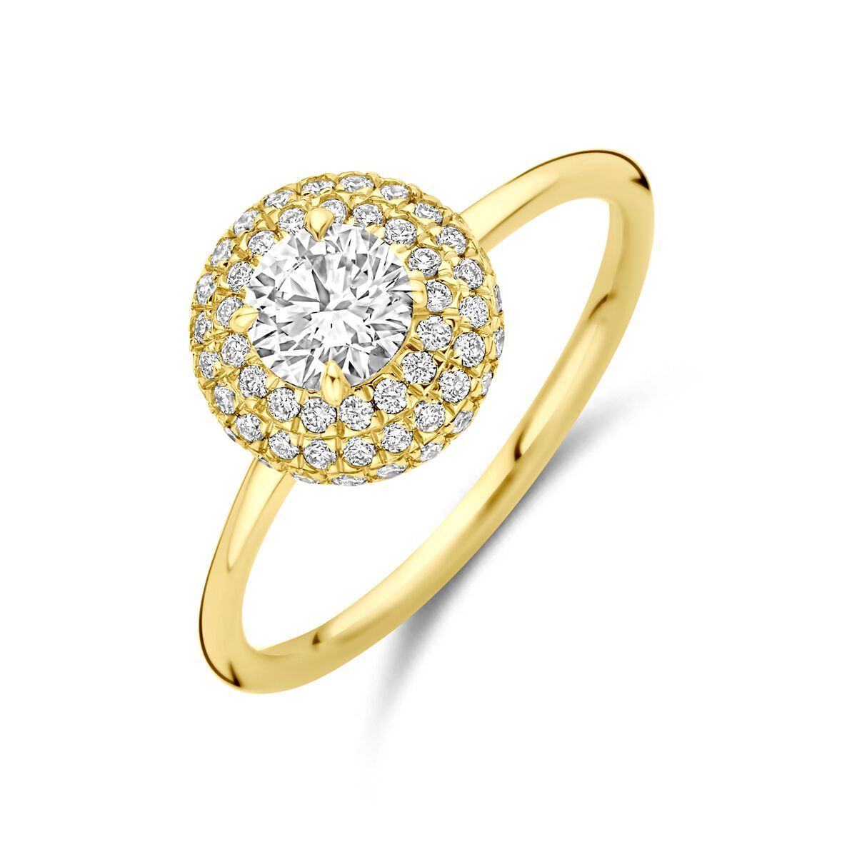 Gouden ring met een grote, ronde diamant in het midden, omringd door een dubbele halo van kleinere diamanten.