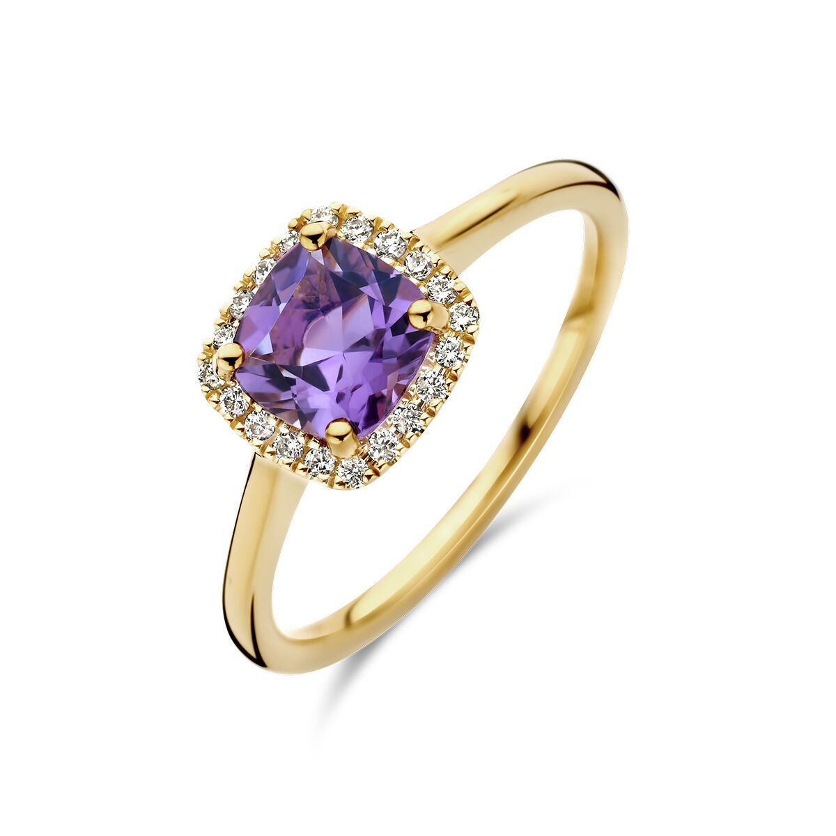 Gouden ring met een paarse edelsteen omgeven door diamanten.