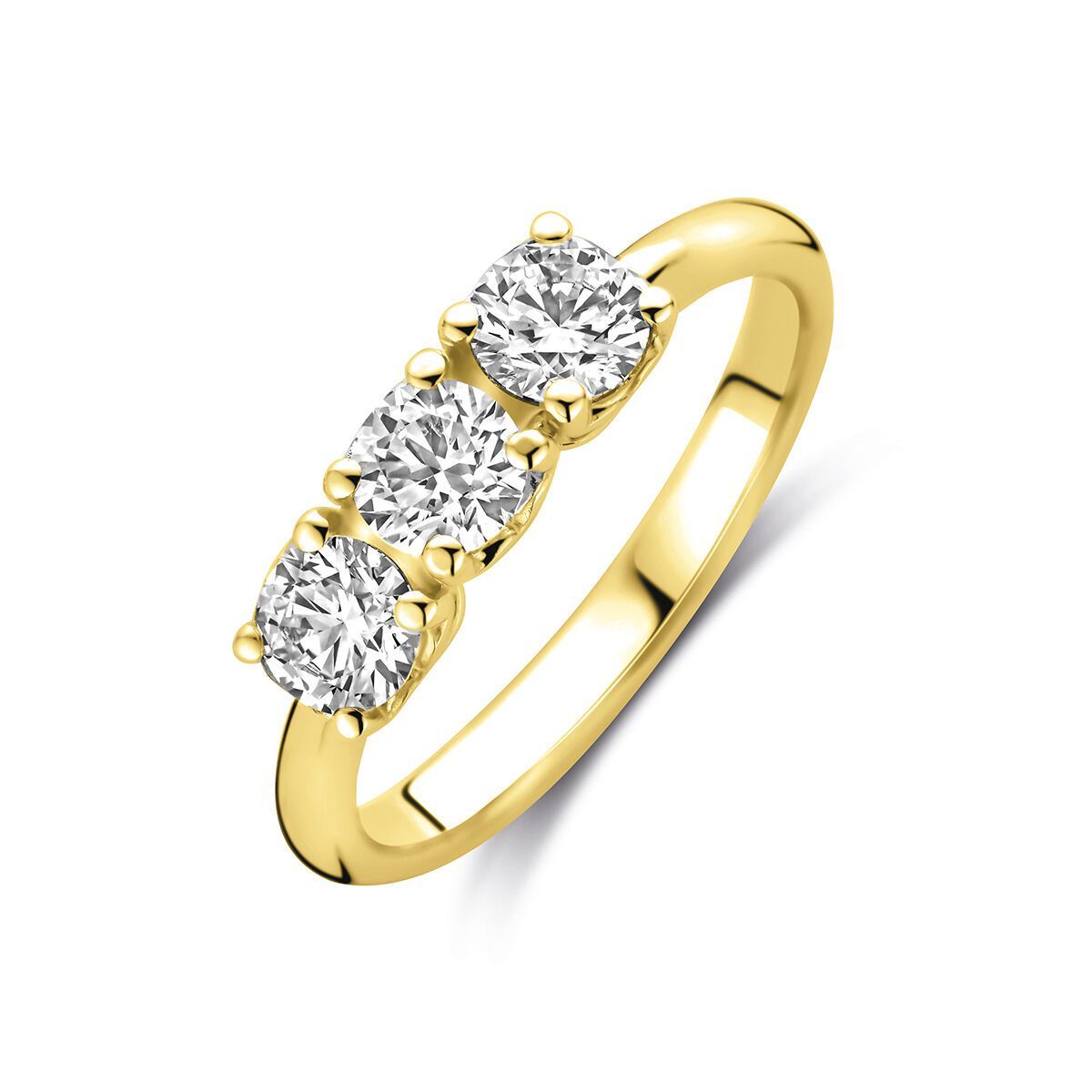 Gouden ring met drie ronde, witte diamanten.