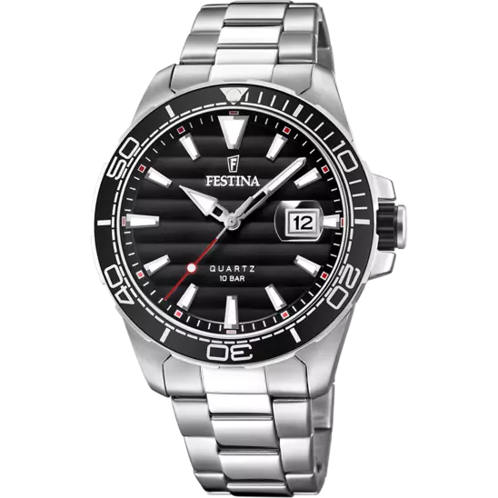 Zilveren Festina quartzhorloge met zwarte wijzerplaat en draaibare lunette.
