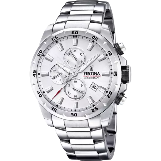 Zilveren Festina chronograafhorloge met witte wijzerplaat, drie subwijzerplaten en roestvrijstalen band.