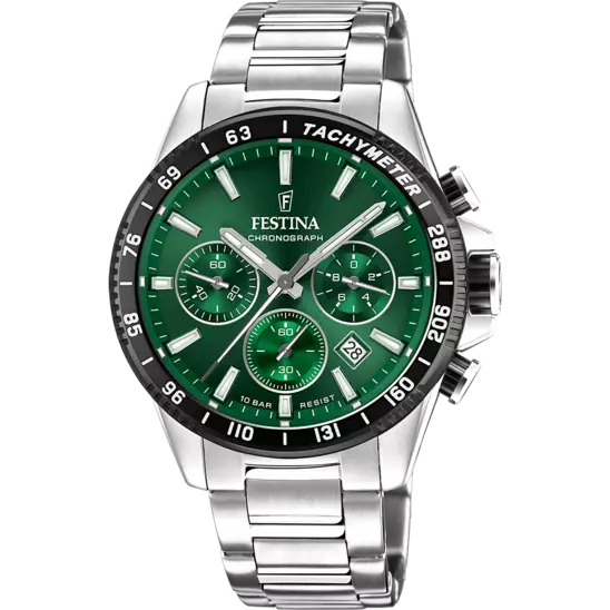 Festina chronograafhorloge van roestvrij staal met een groene wijzerplaat en zwarte lunette.
