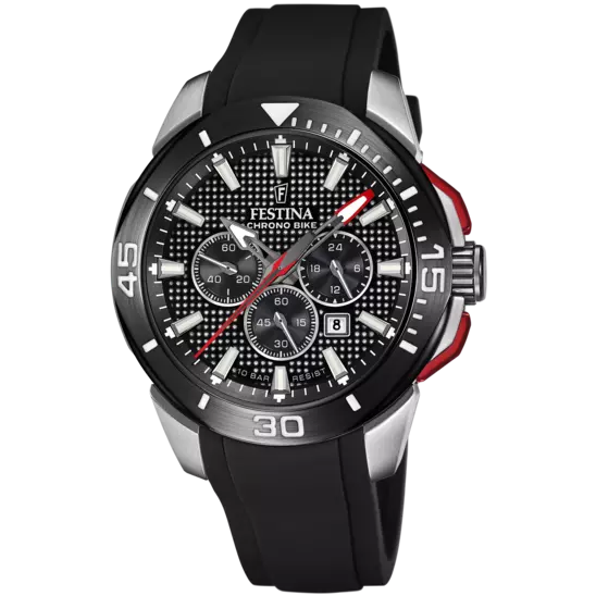 Zwart en zilverkleurig Festina herenhorloge met zwarte wijzerplaat, drie subwijzerplaten, rode accenten en zwarte rubberen band.