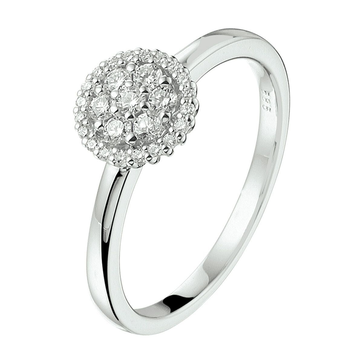 Zilveren ring met een ronde cluster van kleine diamanten.