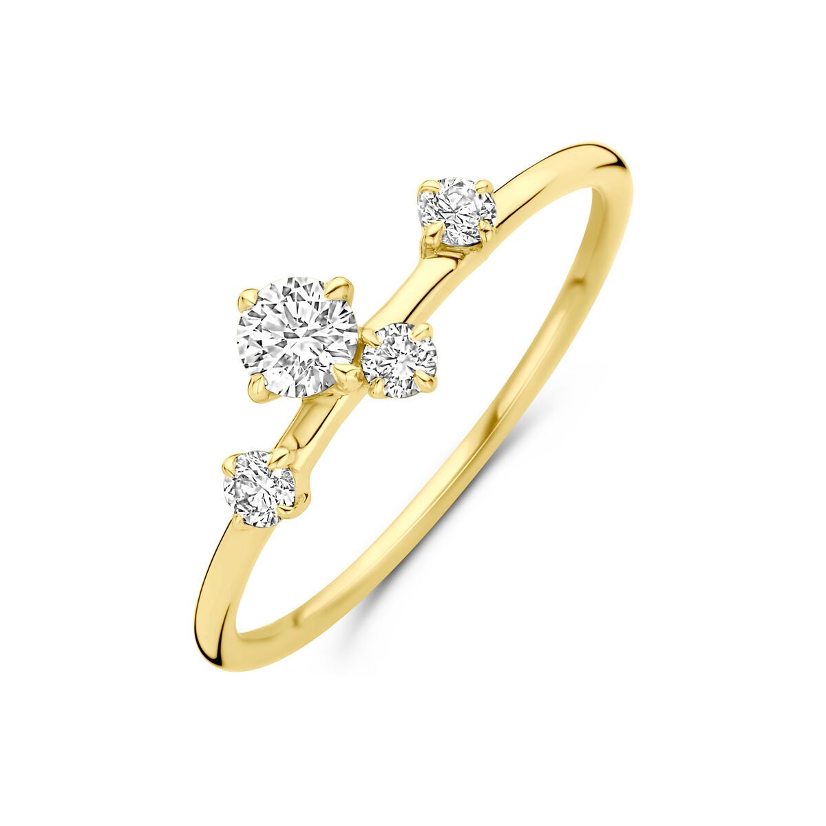 Gouden ring met vier diamanten in een delicaat, asymmetrisch ontwerp.