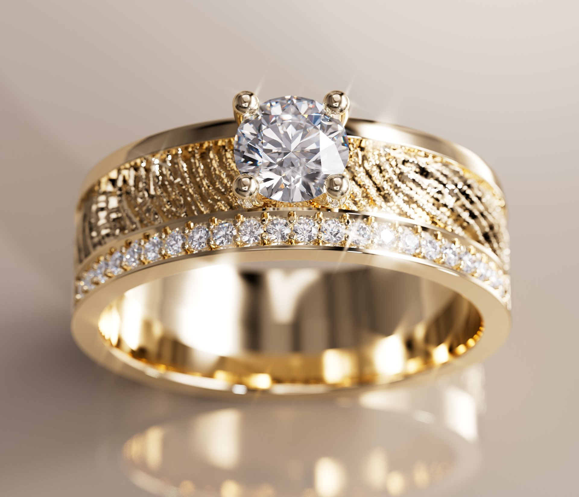 Gouden ring met een grote centrale diamant en kleine omringende diamanten, met vingerafdrukdetail.